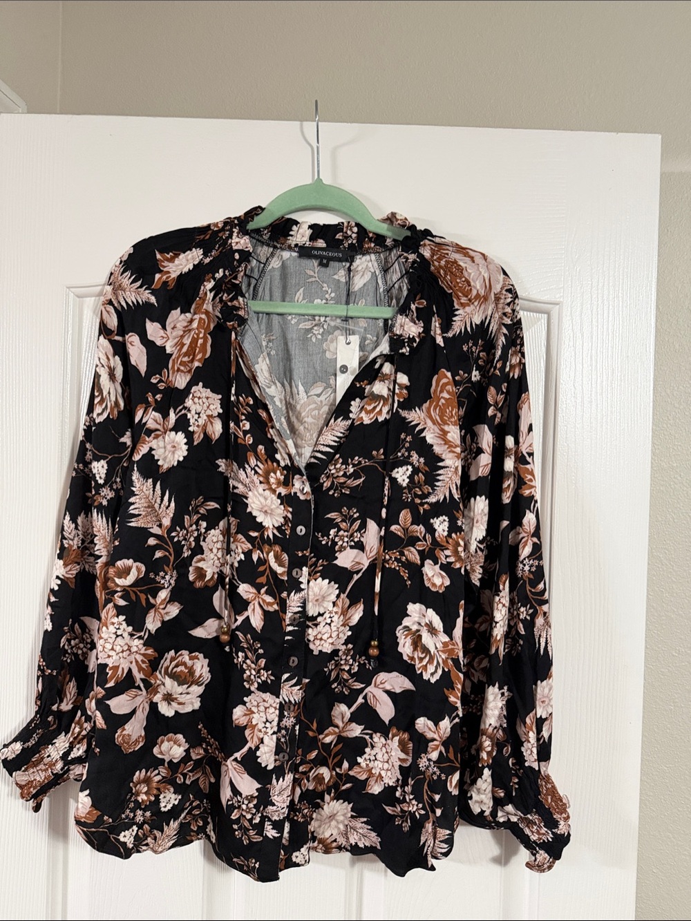 Olivaceous Black Floral Button-Front Blouse with Brown and Cream Print